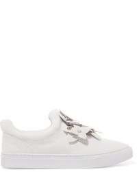 Tory Burch Blossom Floral Appliqud Leather Slip On Sneakers White