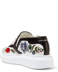 Alexander McQueen Floral Print Leather Slip On Sneakers White