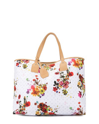 White Floral Leather Tote Bag