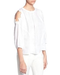 White Floral Linen Long Sleeve Blouse