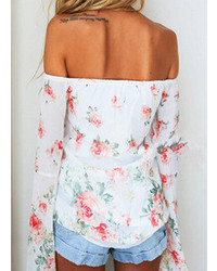 White Boat Neck Floral Bell Sleeve Blouse