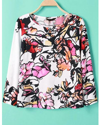 White Long Sleeve Ink Floral Print Blouse