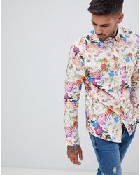 ASOS DESIGN Stretch Slim Photographic Floral Shirt In Ecru