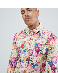 ASOS DESIGN Tall Stretch Slim Photographic Floral Shirt In Ecru