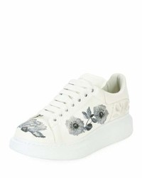 Alexander McQueen Floral Embroidered Leather Low Top Sneaker White