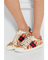 Gucci For Net A Porter New Ace Floral Print Canvas Sneakers Off White