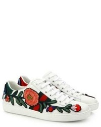 Gucci New Ace Floral Embroidered Leather Low Top Sneakers