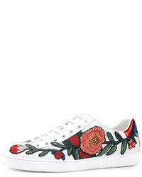 Gucci New Ace Floral Embroidered Low Top Sneakers Whitemulti