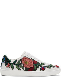 Gucci White Floral And Bow Ace Sneakers