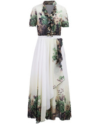 V Neck With Ruffle Florals Maxi Dress