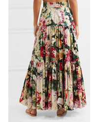 Dolce & Gabbana Tiered Ruffled Floral Print Cotton Poplin Maxi Skirt