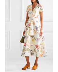 Rosie Assoulin Swept Away Cutout Floral Print Cotton Blend Faille Midi Dress Cream