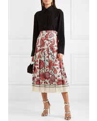 Gucci Pleated Floral Print Silk Twill Skirt
