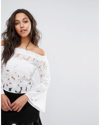 Boohoo Floral Burn Out Bardot Top With Flare Sleeve