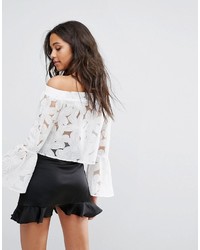 Boohoo Floral Burn Out Bardot Top With Flare Sleeve