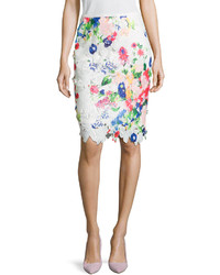 Neiman Marcus Floral Lace Pencil Skirt Whitemulti