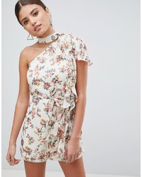 ASOS DESIGN Occasion Playsuit With One Shoulder And Tie Neck In Floral Chiffon