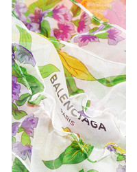 Balenciaga Ruffled Floral Print Silk Georgette Scarf White