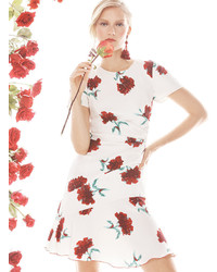 Oscar de la Renta Short Sleeve Round Neck Floral Silk Day Dress Ruby