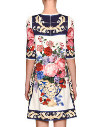 Dolce & Gabbana Floral Vase Charmeuse Shift Dress White