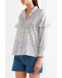 MiH Jeans Mih Jeans Baylis Ruffled Floral Print Cotton Voile Shirt White