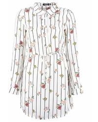 Boohoo Eda Stripe Floral Drawstring Waist Shirt Dress