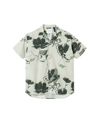 LES DEUX Kian Print Short Sleeve Organic Cotton Button Up Shirt In Ivoryolive Night At Nordstrom
