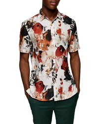 Topman Watercolor Floral Button Up Short Sleeve Shirt