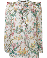 Roberto Cavalli Lace Up Neck Floral Blouse