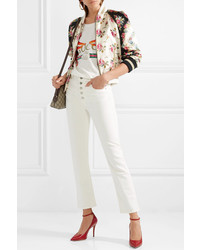 Gucci Appliqud Floral Print Duchesse Silk Satin Bomber Jacket