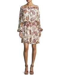 Tory Burch Indie Smocked Off The Shoulder Floral Silk Dress Ivory