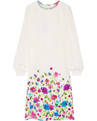 Oscar de la Renta Pintucked Floral Print Silk Satin Dress Ivory