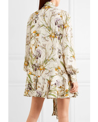 Alexander McQueen Pussy Bow Floral Print Silk Crepe De Chine Mini Dress Ivory