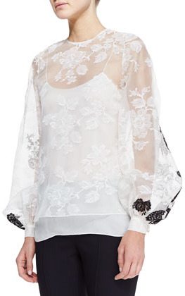 Oscar de la Renta Sheer Long Sleeve Lace Blouse White | Where to buy ...