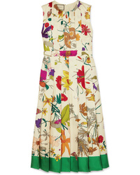 Gucci Pleated Floral Print Silk Midi Dress