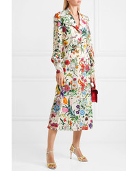 Gucci Pleated Floral Print Silk De Chine Dress