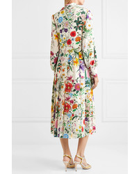 Gucci Pleated Floral Print Silk De Chine Dress