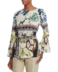 Etro Watercolor Floral Print Bell Sleeve Silk Tunic White