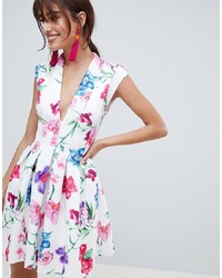 ASOS DESIGN Botanical Paneled Deep Plunge Mini Prom Dress