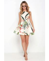 LuLu*s Sunny Centerpiece Cream Floral Print Skater Dress