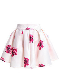 Rose Print Flare White Skirt