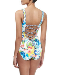 Tommy Bahama Floral Print Lace Up Back One Piece Swimsuit