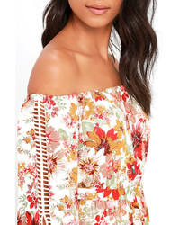 LuLu*s Lysandra Ivory And Red Floral Print Off The Shoulder Dress