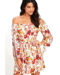 LuLu*s Lysandra Ivory And Red Floral Print Off The Shoulder Dress