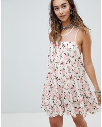 En Creme Mini Swing Dress With Sheer Mesh Back In Ditsy Floral