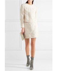 Valentino Floral Appliqud Wool And Silk Blend Crepe Mini Skirt Ivory