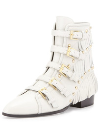 White Fringe Leather Ankle Boots