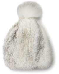 La Fiorentina Mink Fox Fur Pompom Beanie Hat White