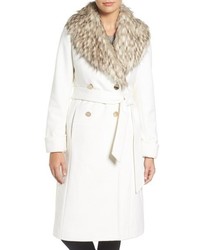 Eliza J Faux Fur Collar Belted Wool Blend Long Coat