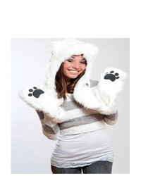 PDS Online Polar Bear Full Hood Faux Fur Woman Animal Hat 3 In 1 Function